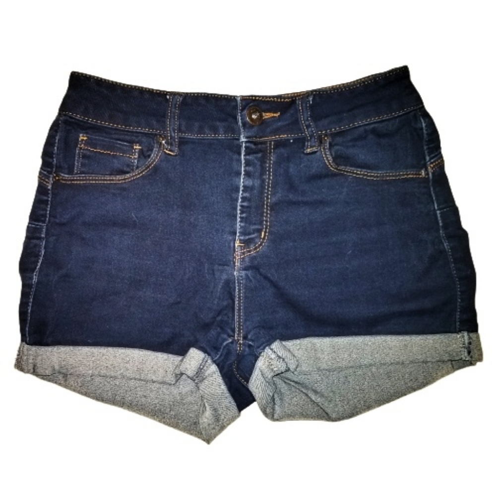 BUTT I LOVE YOU Dark Blue Stretch Wax Jean Denim Shorts Size S
